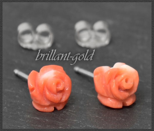 Ohrstecker rote Edel-Koralle Rosen Blume, 585 Gold